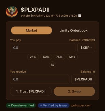 A dark-themed cryptocurrency swap interface showing a trade between $XRP and $PLXPADII, with a balance of 7.907933 XRP and options for 25%, 50%, 75%, or Max.