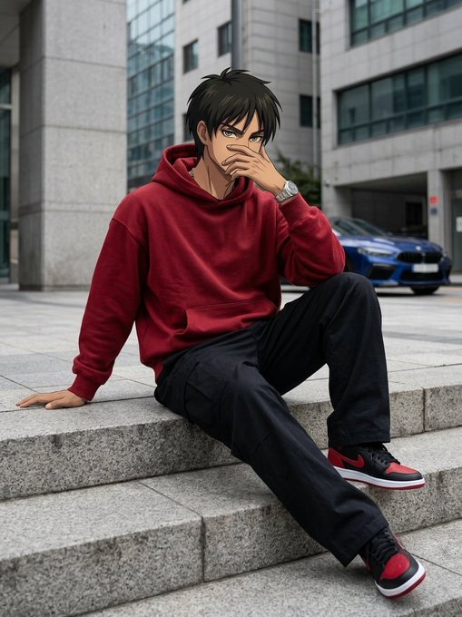 An anime-style illustration of a young man in a red hoodie and black pants sitting on stone steps in an urban setting, wearing red and black sneakers.
