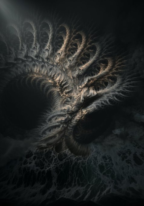 A dark, eerie digital illustration shows a tentacled, skeletal creature emerging from churning water, resembling a Lovecraftian monster with glowing eyes and a beak-like mouth.