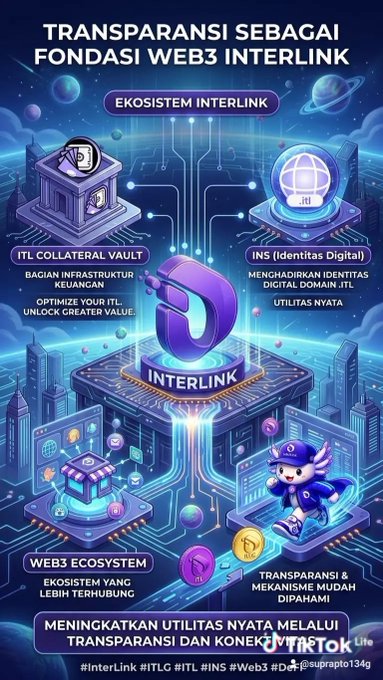 A digital infographic titled 'TRANSPARANSI SEBAGAI FONDASI WEB3 INTERLINK' showcases the Interlink ecosystem with labels like 'ITL COLLATERAL VAULT', 'INS (Identitas Digital)', and 'WEB3 ECOSYSTEM', along with hashtags #InterLink #ITLG #ITL #INS #Web3 and the TikTok logo.