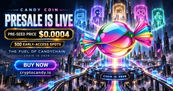 A vibrant promotional banner for "Candy Coin" announces "PRESALE IS LIVE" with a pre-seed price of "$0.0004" and "500 EARLY-ACCESS SPOTS," labeling it "THE FUEL OF CANDYCHAIN" with "CHAIN ID 2828" and directing viewers to "BUY NOW" at cryptocandy.io. The image features a large, colorful candy wrapped in a bow against a futuristic, neon-lit cityscape backdrop, visually reinforcing the post's message that $CANDY is the utility token powering the Candy Ecosystem's games, payments, and various features.