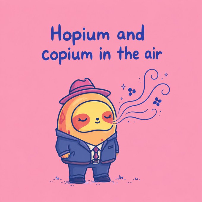 A cute cartoon sloth in a hat and suit exhales flower petals with the text 'Hopium and copium in the air' on a pink background.
