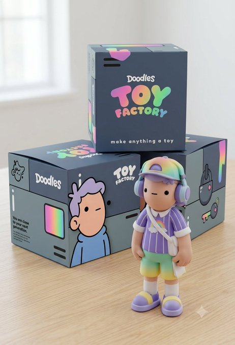 A vinyl Doodles figure in a rainbow cap and headphones stands in front of stacked "Doodles Toy Factory" boxes on a wooden floor, matching the post's call to create as "Doodles is a Lens."