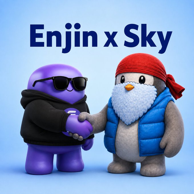 The image features a 3D-rendered handshake between a purple character wearing sunglasses and a hoodie alongside a penguin mascot in a red bandana and blue vest, with "Enjin x Sky" displayed prominently above them in dark blue text. This visually represents a partnership or collaboration announcement between the two blockchain/gaming entities, likely tied to the post's mention of evaluating various gaming chains.