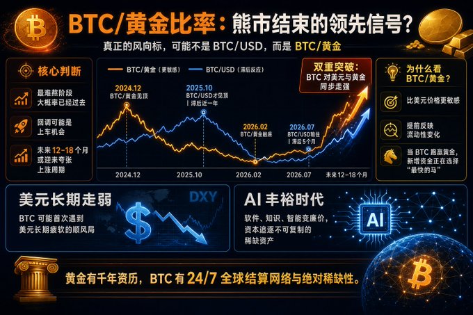 A Chinese-language infographic titled 'BTC/黄金比率：熊市结束的领先信号？' comparing Bitcoin and gold ratios, featuring charts from 2024.12 to 2026.07 and discussing US dollar weakness and AI abundance.
