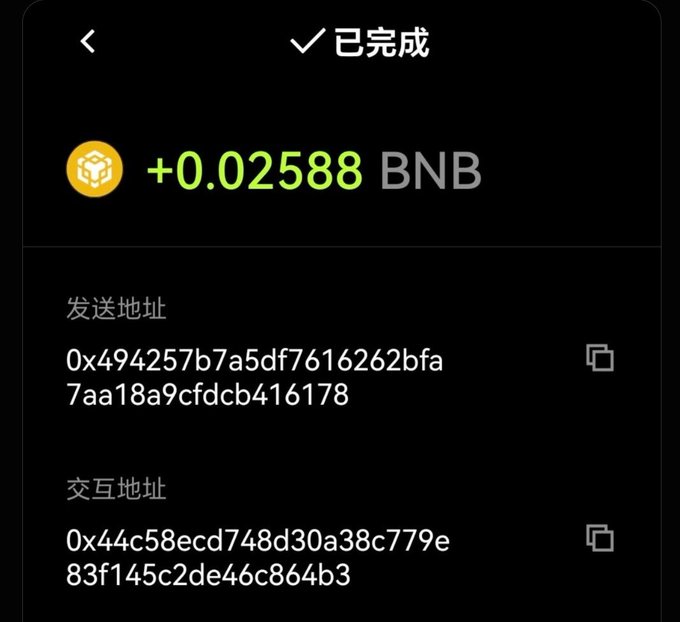A cryptocurrency transaction confirmation screen in Chinese shows a completed transaction of '+0.02588 BNB' with sender and contract addresses.