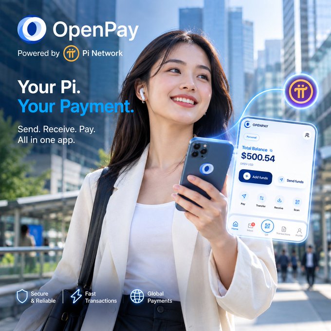 The image is a promotional advertisement for OpenPay, displaying a smiling young woman with earbuds holding a smartphone in an urban setting, with the OpenPay app interface floating beside her showing a total balance of $500.54 and features like Add funds, Send funds, Pay, Transfer, Receive, and Scan. Bold text reads "OpenPay Powered by Pi Network," "Your Pi. Your Payment." and "Send. Receive. Pay. All in one app," while bottom icons highlight Secure & Reliable, Fast Transactions, and Global Payments, aligning with the post's message about simple, fast, and convenient digital payments.