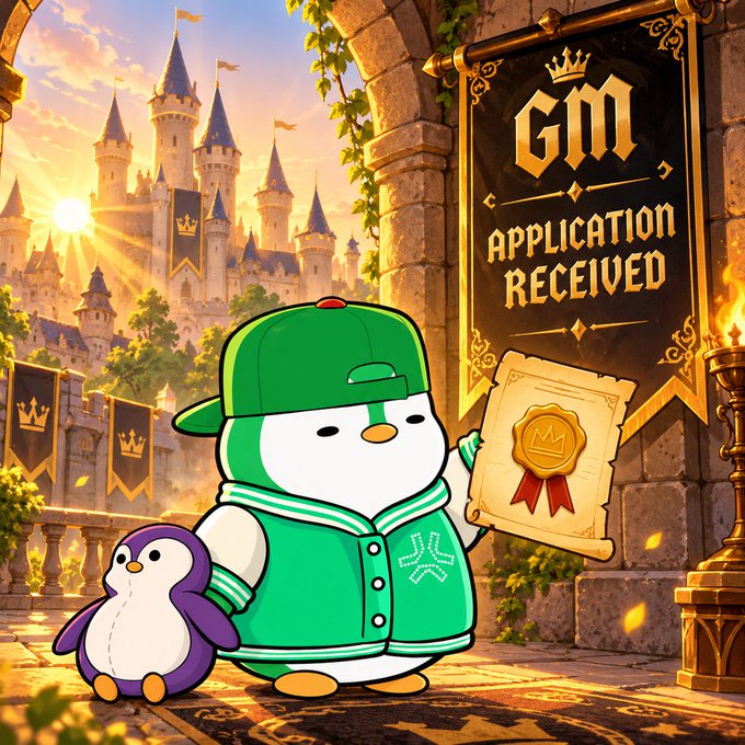 A cartoon penguin-like character in a green varsity jacket and cap holds a 'GM APPLICATION RECEIVED' scroll next to a small purple penguin, set against a fantasy castle at sunrise.