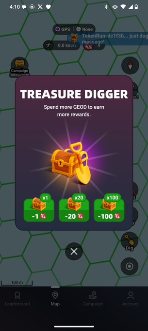 A mobile app screen displays a "TREASURE DIGGER" pop-up from TokenRun offering rewards for spending GEOD tokens, with purchase options of x1 for 1, x20 for 20, and x100 for 100 GEOD, accompanied by a glowing treasure chest graphic. The image relates to the Seeker Summer Round 1 Quests, specifically the TokenRun "Strike Gold" task, prompting users to open treasure chests and dig for buried messages as part of the GEODNET campaign.