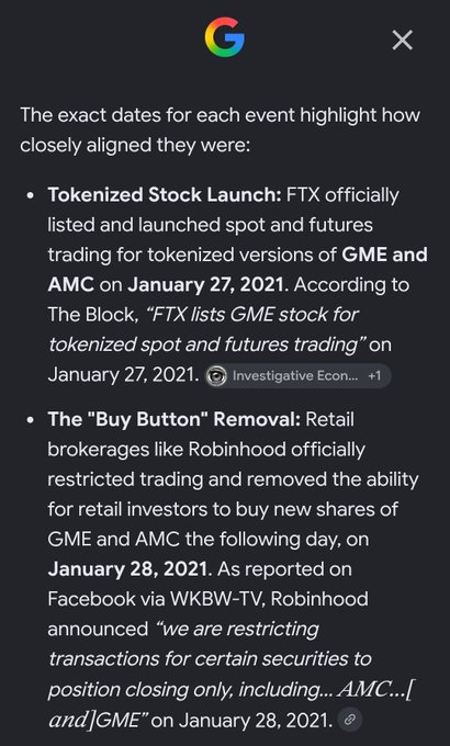 A Google search response explaining the timeline of events, noting that FTX listed tokenized GME and AMC stock on January 27, 2021, and Robinhood restricted buying the following day on January 28, 2021.