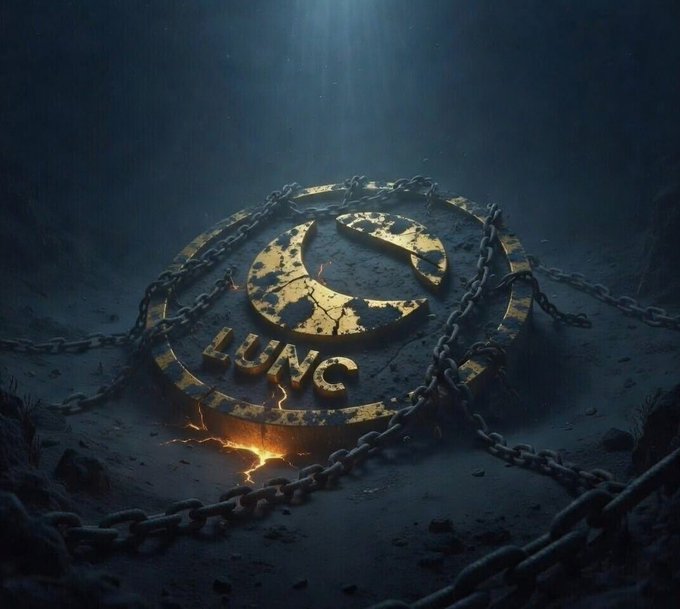 The image features a large, circular, gold-colored emblem with the word "LUNC" written on it. The emblem is surrounded by chains of varying sizes, creating an intriguing scene that suggests a connection between the symbol and the concept of power or strength. The caption above the image reads "Only the real ones understand the true depth and power of $LUNC #LUNC", which implies that the true meaning behind the emblem lies in its symbolic representation rather than just its physical appearance.