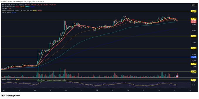 The image is a TradingView candlestick chart of Bitcoin (BTC/USD) showing price movement over late August 2024, with current price at 79,565 and moving averages (20, 50, 100, 200) along with an RSI indicator at the bottom, supporting the post's claim that BTC recovered after a pullback and is moving back upward toward resistance near 80K.
