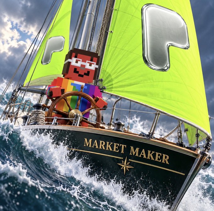 A digital illustration of a Minecraft-style character with a rainbow-striped torso sailing a black ship named "MARKET MAKER" with bright green sails bearing white logo markings, cutting through ocean waves under a cloudy sky.