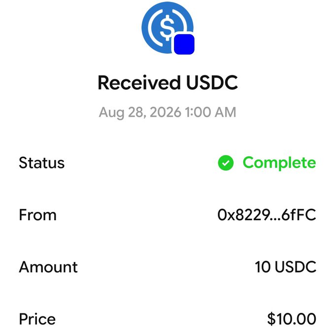 A screenshot of a completed USDC transaction receipt showing 10 USDC ($10.00) received from wallet address 0x8229...6fFC on August 28, 2026, posted as evidence of funds being credited to a Base app wallet as part of a Welcome rewards campaign.