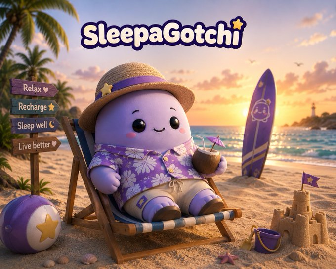 A cute purple mascot character wearing a straw hat and Hawaiian shirt relaxes in a beach chair with a coconut drink, with the "SleepaGotchi" logo prominently displayed above, alongside signs reading "Relax," "Recharge," "Sleep well," and "Live better." The image ties into the post's message by visualizing the app's concept of gamifying rest and recovery, presenting sleep as a rewarding, vacation-like escape from the grind of daily life.