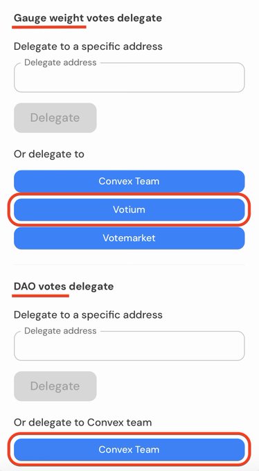 A screenshot of a delegation interface for Convex Finance, showing options to delegate Gauge weight and DAO votes, with red circles highlighting the Votium and Convex Team buttons.