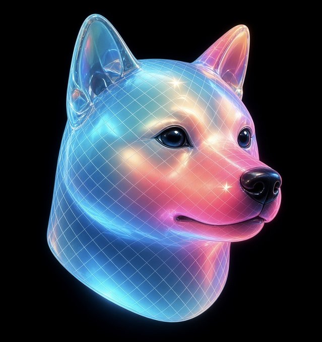 A translucent, iridescent dog head—resembling a Shiba Inu rendered in holographic pink and blue with a wireframe mesh overlay—symbolizes the "Omninu" mascot, representing the "all-in-one dog" token paired with $PUMP on the Pump.fun platform.