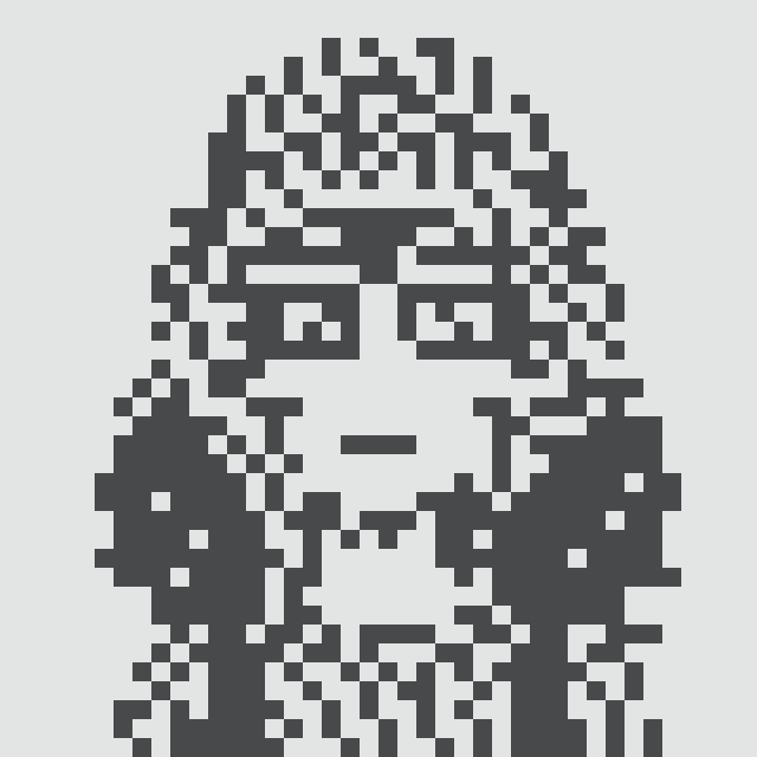 A pixelated black and white portrait that appears to depict a figure with glasses and long hair.