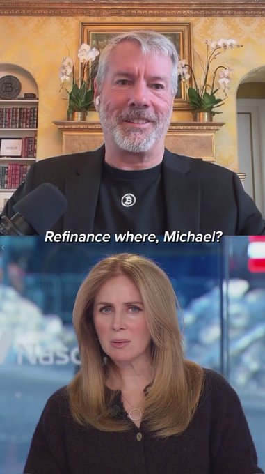 The image shows a split-screen video interview featuring Michael Saylor in the top frame and what appears to be a CNBC anchor in the bottom, with a text overlay reading "Refinance where, Michael?"—capturing a tense moment from an interview, likely related to MicroStrategy ($MSTR) and Bitcoin ($BTC), that the post's author is calling an "epic fail" for Saylor.