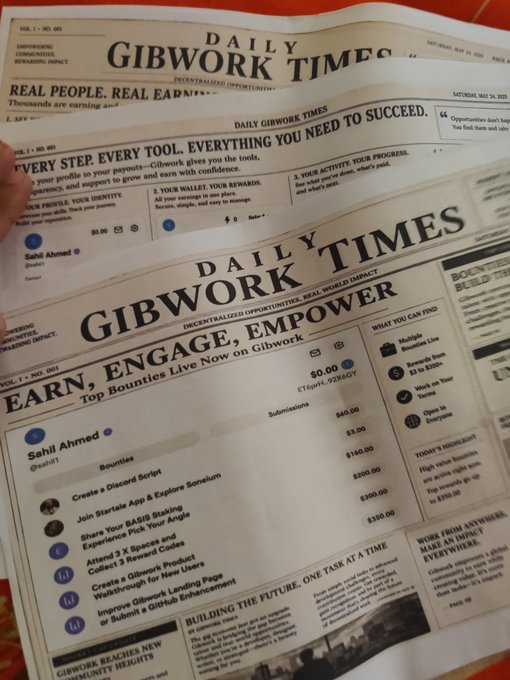Two overlapping newspaper mockups titled 'DAILY GIBWORK TIMES' promoting task-based earning opportunities, mentioning bounties from user 'Sahil Ahmed' for tasks like creating scripts, app exploration, and social media codes.