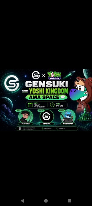A promotional graphic for 'GENSUKI x YOSHI KINGDOM AMA SPACE' scheduled for Friday 1st of August 2026 at 3PM UTC, featuring a space-themed background, the Gensuki logo, and guest speakers including Pi_01283, Gensuki_, and RyoshiBary.