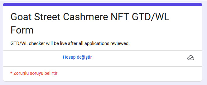 The image shows a Google Form titled "Goat Street Cashmere NFT GTD/WL Form" with a note stating "GTD/WL checker will be live after all applications reviewed," indicating the registration page for guaranteed/allowlist spots for the upcoming Goat Street NFT launch on Robinhood Chain.