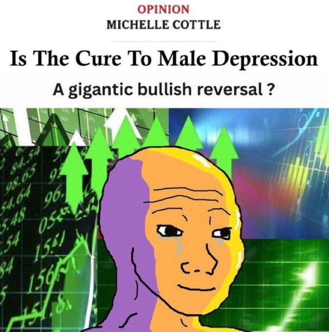 An opinion piece by Michelle Cottle titled 'Is The Cure To Male Depression A gigantic bullish reversal?', featuring an illustrated crying bald man overlaid on green stock market charts with upward arrows.