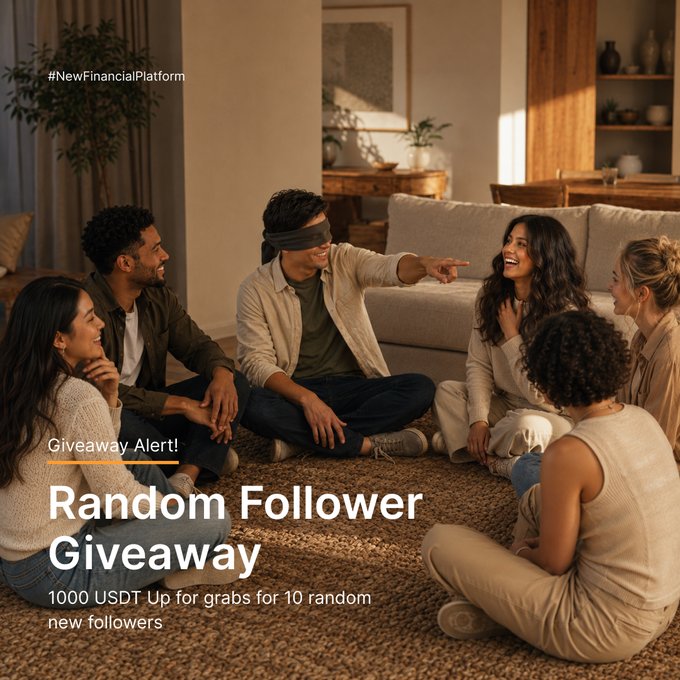 A diverse group of six people laugh together in a cozy living room, with one blindfolded man pointing playfully at a smiling woman, while overlay text reads "#NewFinancialPlatform," "Giveaway Alert!," and "Random Follower Giveaway - 1000 USDT Up for grabs for 10 random new followers," visually reinforcing the post's announcement of increased winners and prizes for new followers.