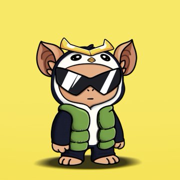 A cartoon illustration of a small character wearing oversized black sunglasses, a white and black hood, and a green puffer vest standing against a yellow background.