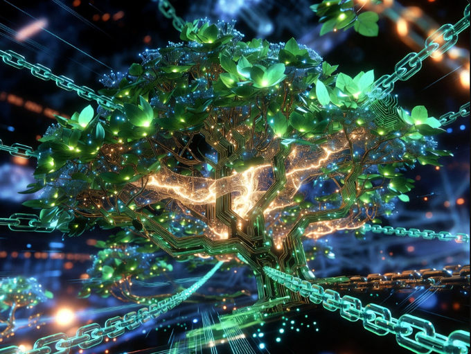 A glowing digital tree with circuit-board roots and chains anchoring its branches symbolizes the evolution of blockchain infrastructure—reflecting Canopy's (@CNPYNetwork) message about breaking free from rigid shared chains to enable developers to build and ship on-chain applications with ease.