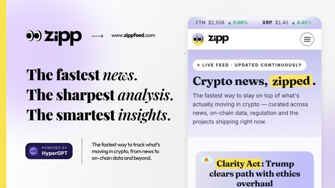 An advertisement for 'Zipp' (zippfeed.com) promoting fast crypto news and analysis 'powered by HyperGPT,' showing a phone interface with ETH and XRP prices and a headline about the 'Clarity Act.'