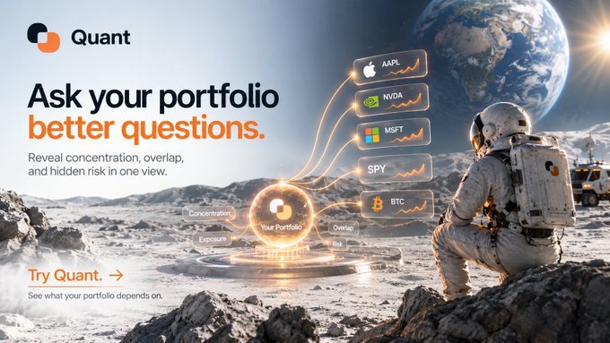 Advertisement for 'Quant' portfolio analysis tool showing an astronaut on a lunar landscape with portfolio concentration visualization for tickers AAPL, NVDA, MSFT, SPY, and BTC.