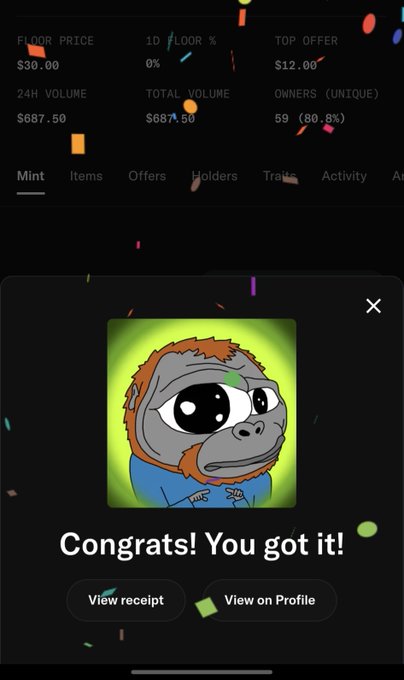 An NFT marketplace mobile screen celebrating a successful purchase with 'Congrats! You got it!' over a cartoon gorilla character, with confetti animation and options to view receipt or profile.