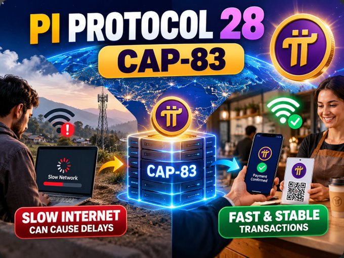 An advertisement for 'Pi PROTOCOL 28' and 'CAP-83' contrasts slow internet causing delays with fast and stable transactions, featuring the Pi logo.
