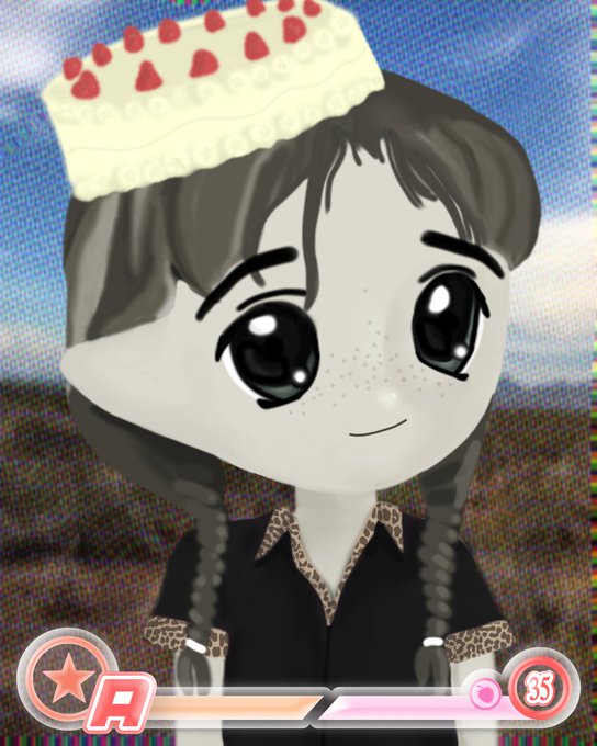 An anime-style avatar of a girl with black braids wearing a cake-shaped hat, with UI elements including an 'A' rating and 33 seconds displayed.
