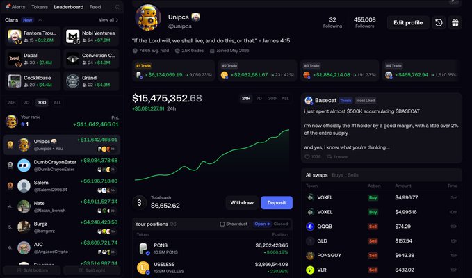 The image shows a Polymarket-style trading profile for user "Unipcs" displaying a portfolio value of $15,475,352.68 with a 24-hour gain of $5,081,227.91 (+24H), along with recent trades including large VOXEL buys ($4,996.77 and $4,995.16) that align with the post's mention of a "$40K into $VOXEL" entry. The profile confirms the post's thesis by showcasing Unipcs' successful trading history with positions in tokens like PONS, USELESS, and various memecoins, supporting the claim about his pattern of buying low-cap tokens before major pumps.