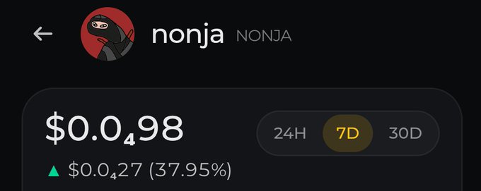 A cryptocurrency tracking interface displays the token 'nonja' (NONJA) with a price of $0.04, showing a 7-day gain of $0.0427 (37.95%).