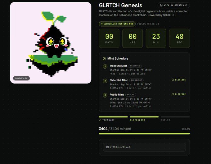 A webpage for 'GLRTCH Genesis' displays a pixel art pear character and shows mint schedules with a countdown timer at 00:23:48. It indicates 'GLRTCH is sold out.'