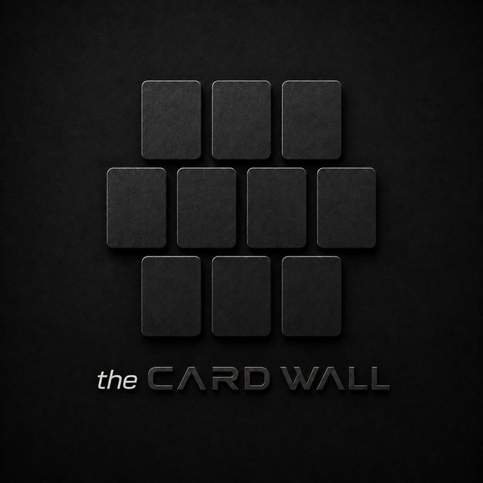 A dark image showing a diamond-shaped arrangement of black card backs with the text "the CARD WALL" below.