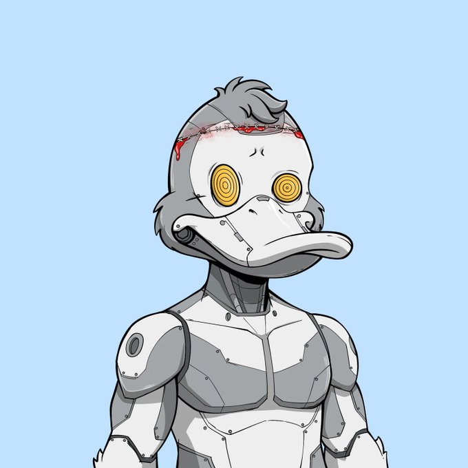 An illustrated cartoon of a humanoid duck character with a robotic/metallic body, gray and white armor plating, a duck bill, and yellow spiral eyes with a stitched-up scar on the forehead.