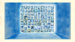 An artistic rendering of a room with blue walls, featuring a back wall entirely covered in a grid of framed pictures or windows, sitting on a light blue floor.