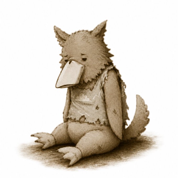 An illustration of a small, sad, worn-looking creature resembling a platypus or anteater sitting on the ground against a white background.