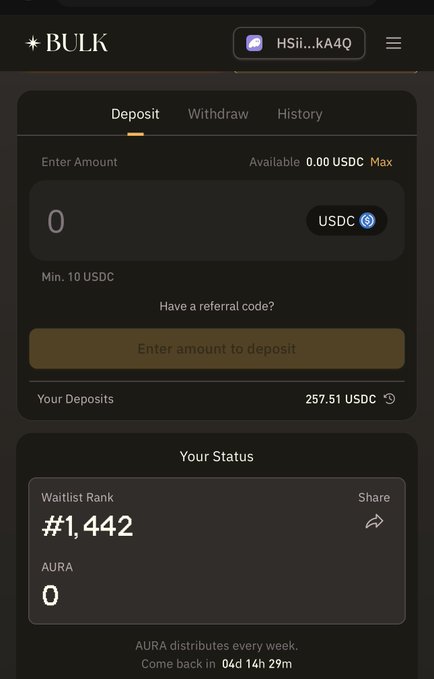 The image shows a phone screen displaying information related to investing in a cryptocurrency called BULK Season 1. Users have already deposited $250 into the BULK currency, which will be credited to their accounts once they complete the withdrawal process. The app indicates that "Solano" is powering the investment and instructs users to invest before Solano exchanges list the coin on the market. The screen displays essential details such as the amount invested, interest rate, and duration of the investment period.