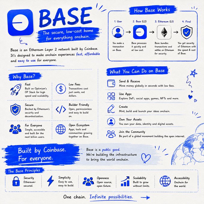 An infographic for 'BASE' describing it as 'The secure, low-cost home for everything onchain,' built by Coinbase as an Ethereum Layer 2 network, with sections on how it works, its benefits, and core principles.