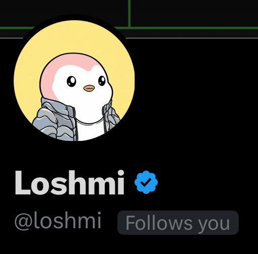 A social media profile for "Loshmi" (@loshmi) displaying a cartoon penguin avatar and noting that the account "Follows you".