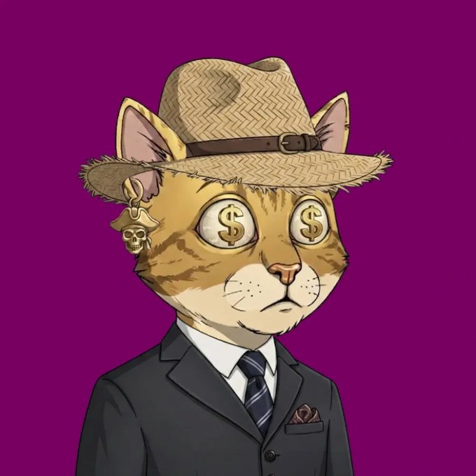 An illustrated cartoon cat wearing a straw fedora with dollar signs in its eyes, a skull earring, and a formal black suit with a tie.