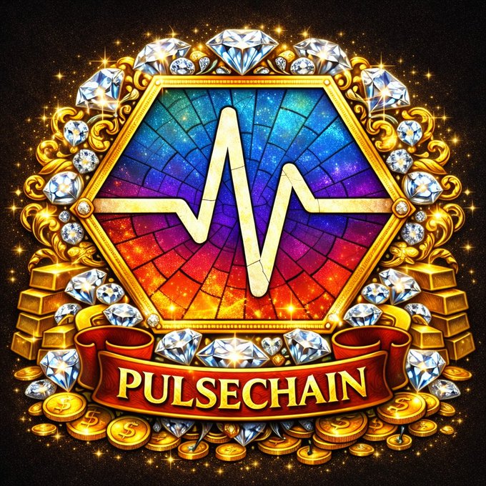 An ornate golden emblem featuring a heartbeat-like wave symbol over a stained-glass background reads "PULSECHAIN" on a red banner, surrounded by diamonds and gold bars.