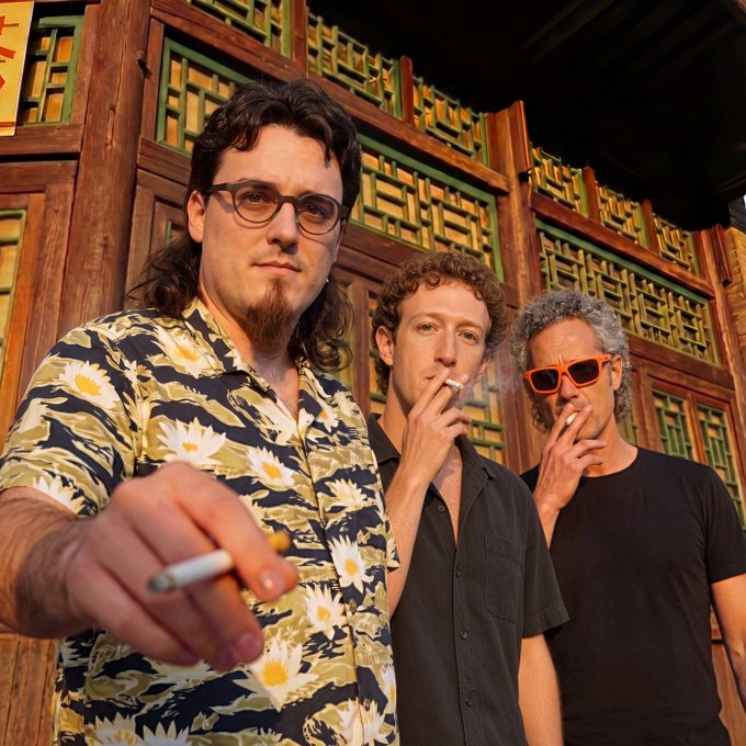 Three men pose together in front of an ornate wooden backdrop; the man on the left wears a floral shirt and holds out a cigarette, the center man wears a black shirt and smokes, and the man on the right wears sunglasses and a black t-shirt.