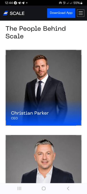 The image shows a mobile screenshot of a webpage titled "The People Behind Scale," featuring CEO Christian Parker and another executive in a photo grid. 

In relation to the post about stopping mining the project, this appears to be a reference to the now-collapsed crypto lending platform Celsius, whose CEO Alex Mashinsky was a notable figure—suggesting skepticism toward leadership at similar companies like Scale.