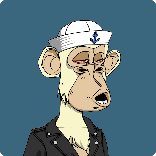 A Bored Ape Yacht Club style NFT monkey illustration wearing a white sailor hat with a blue anchor and a black leather jacket.